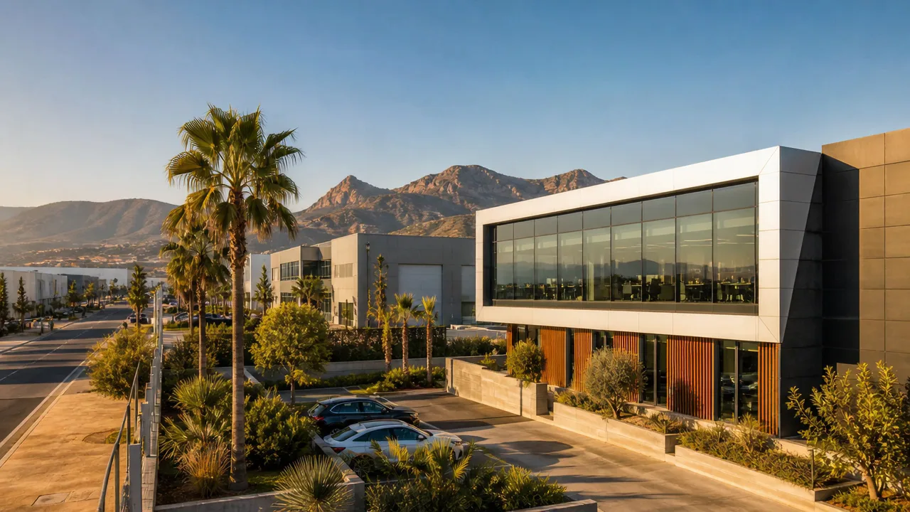 Edificio de oficinas moderno con palmeras