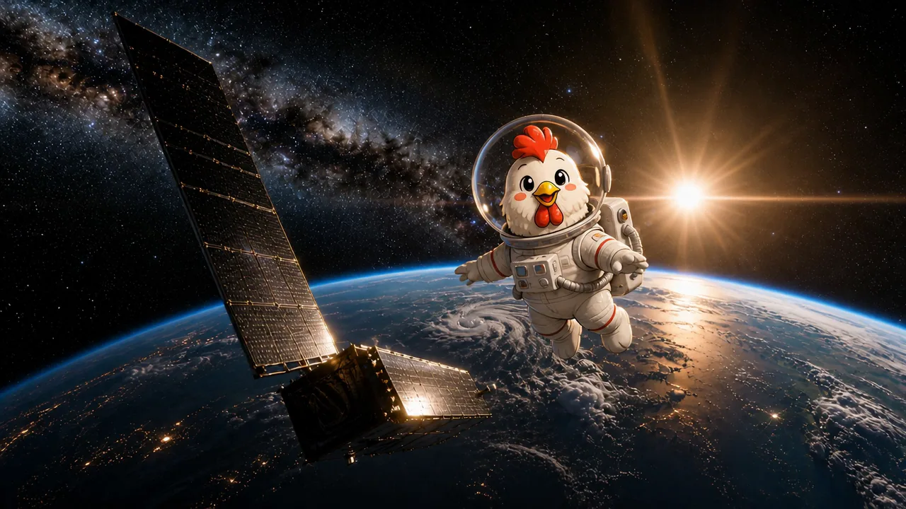 Gallina astronauta de Red Huevo flotando junto a un sat&eacute;lite Starlink con la Tierra de fondo