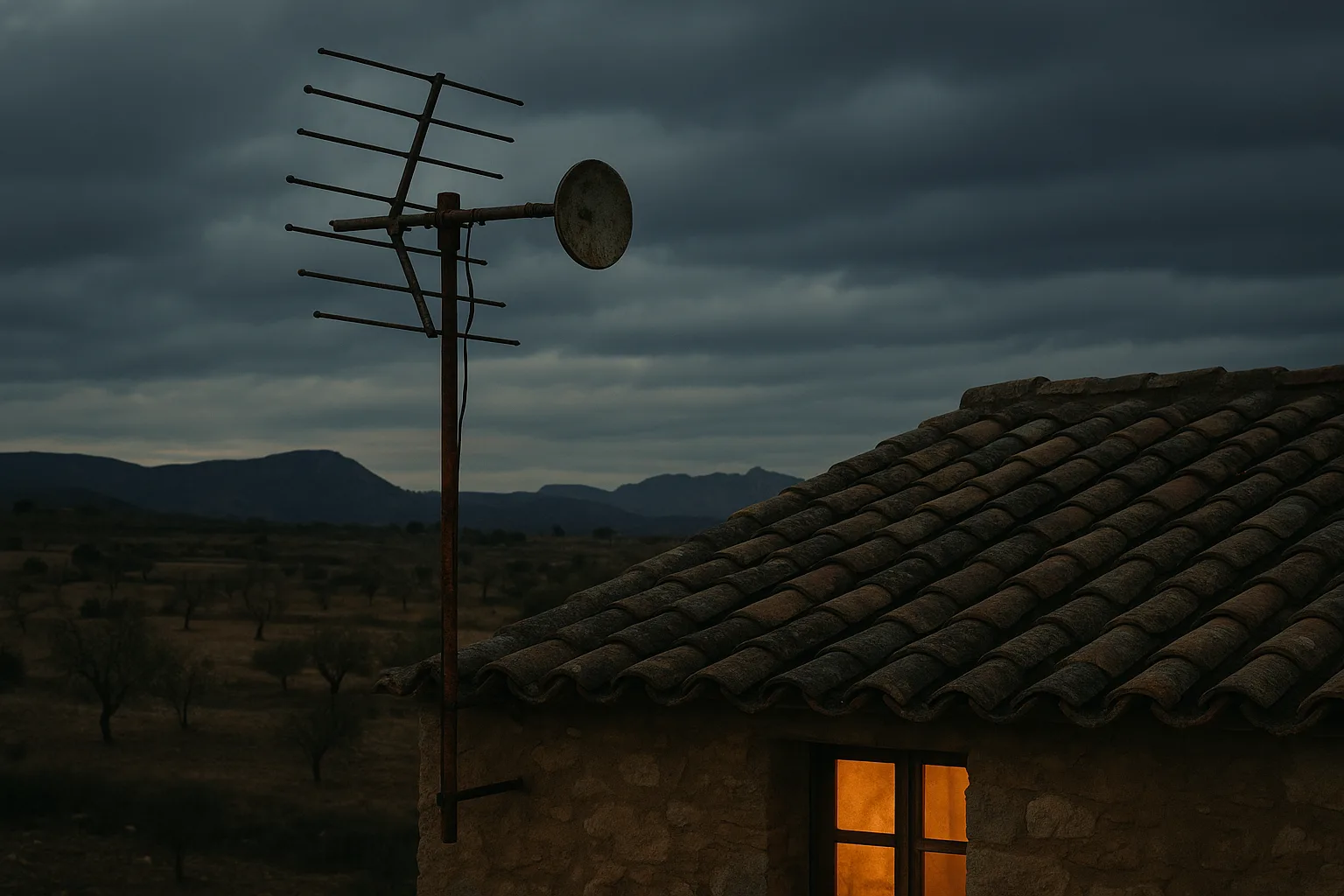 Antena de radio antigua y oxidada sobre el tejado de una casa de campo del interior, al anochecer y con el cielo encapotado antes de la tormenta