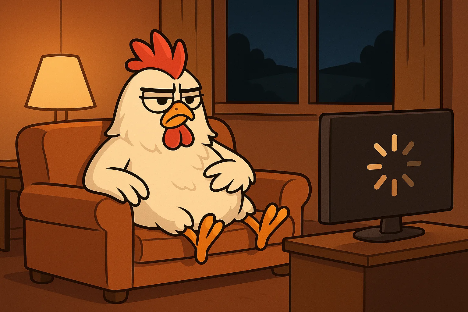 La gallina de Red Huevo, con cara de fastidio en el sofá por la noche, mirando la televisión donde da vueltas la rueda de carga