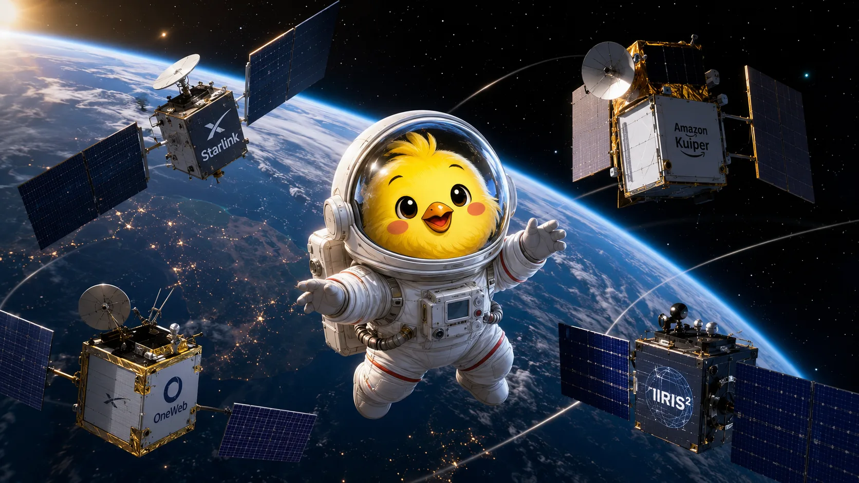 El pollito de Red Huevo flotando como astronauta entre satélites de Starlink, Amazon Kuiper, OneWeb e IRIS², los cuatro grandes nombres del internet por satélite