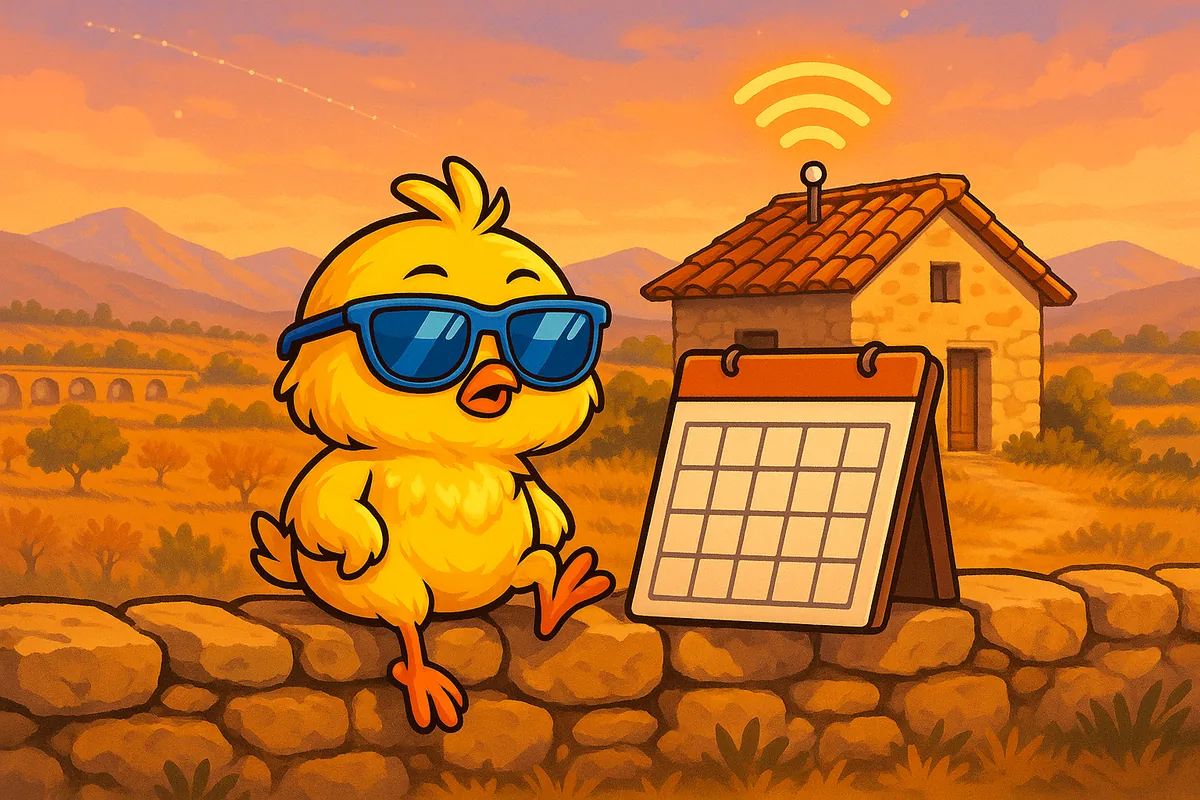 El pollito de Red Huevo espera junto a un calendario mientras la casa de detrás ya tiene antena de satélite y wifi