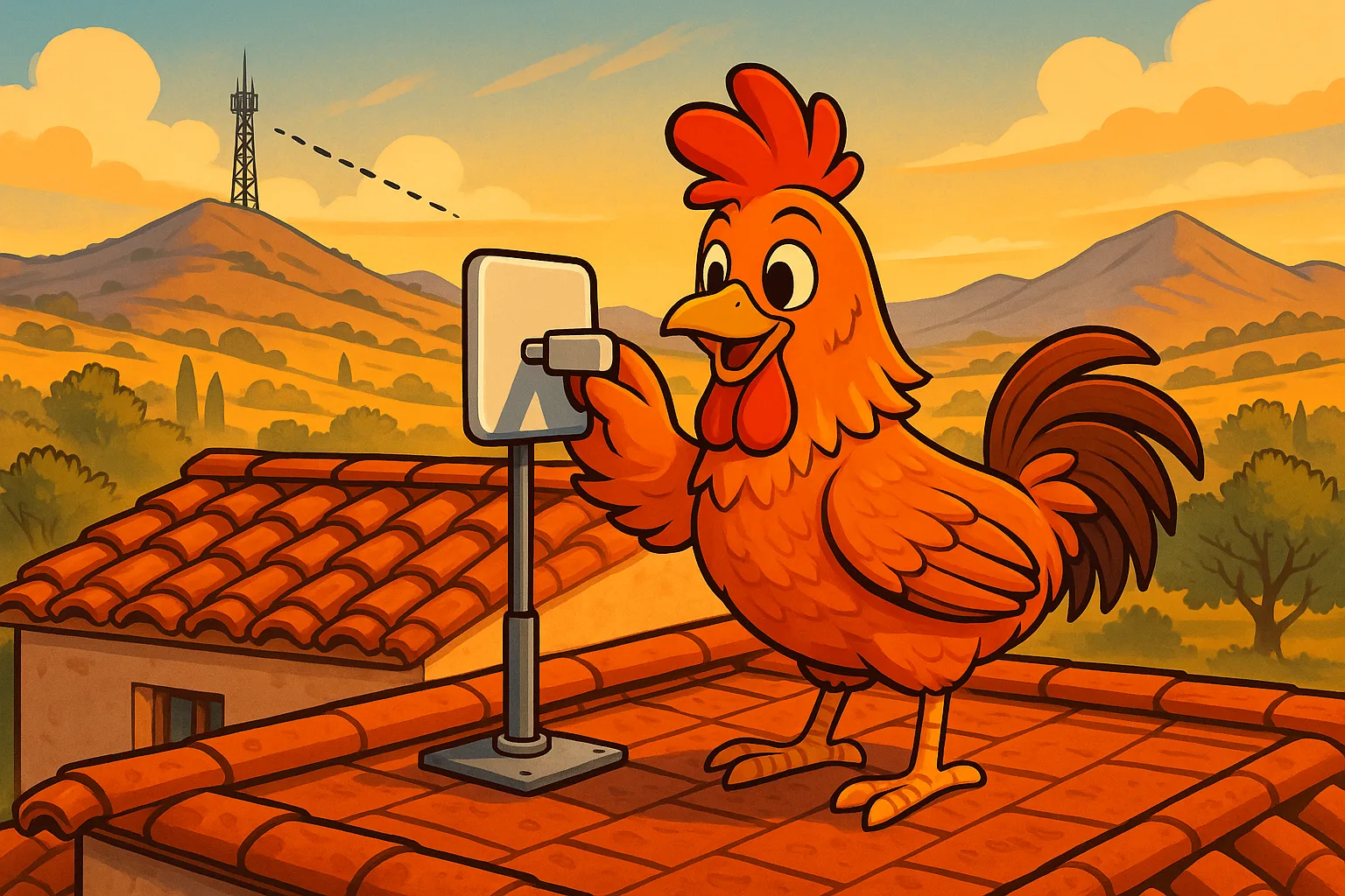 Ilustración de la mascota de Red Huevo ajustando una antena direccional en el tejado de una casa de pueblo, apuntándola hacia la torre de telecomunicaciones del monte