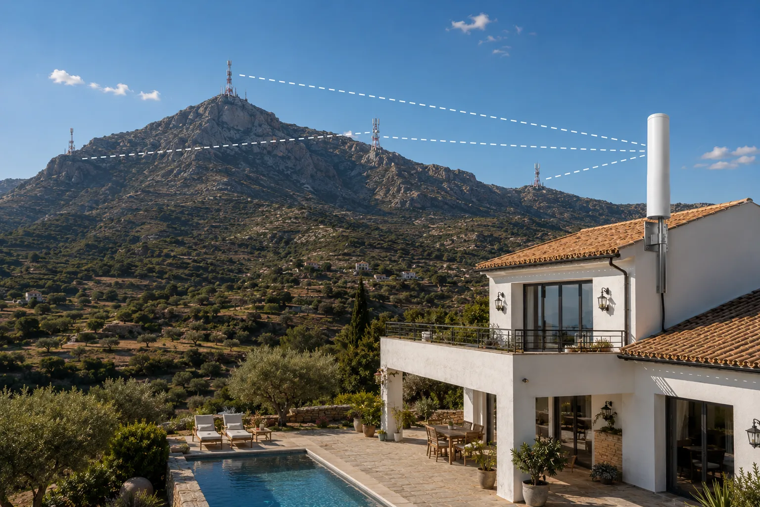 Antena omnidireccional exterior instalada en una casa de campo, recibiendo señal de varias torres de telecomunicaciones situadas en distintos puntos de la montaña