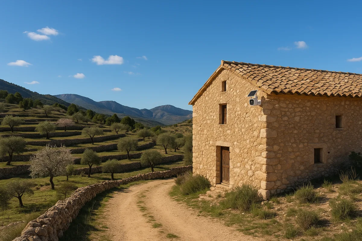 Casa de piedra en el campo de interior de Alicante, con una pequeña cámara de vigilancia solar en la esquina, un camino de tierra y bancales de olivos y almendros bajo un cielo azul