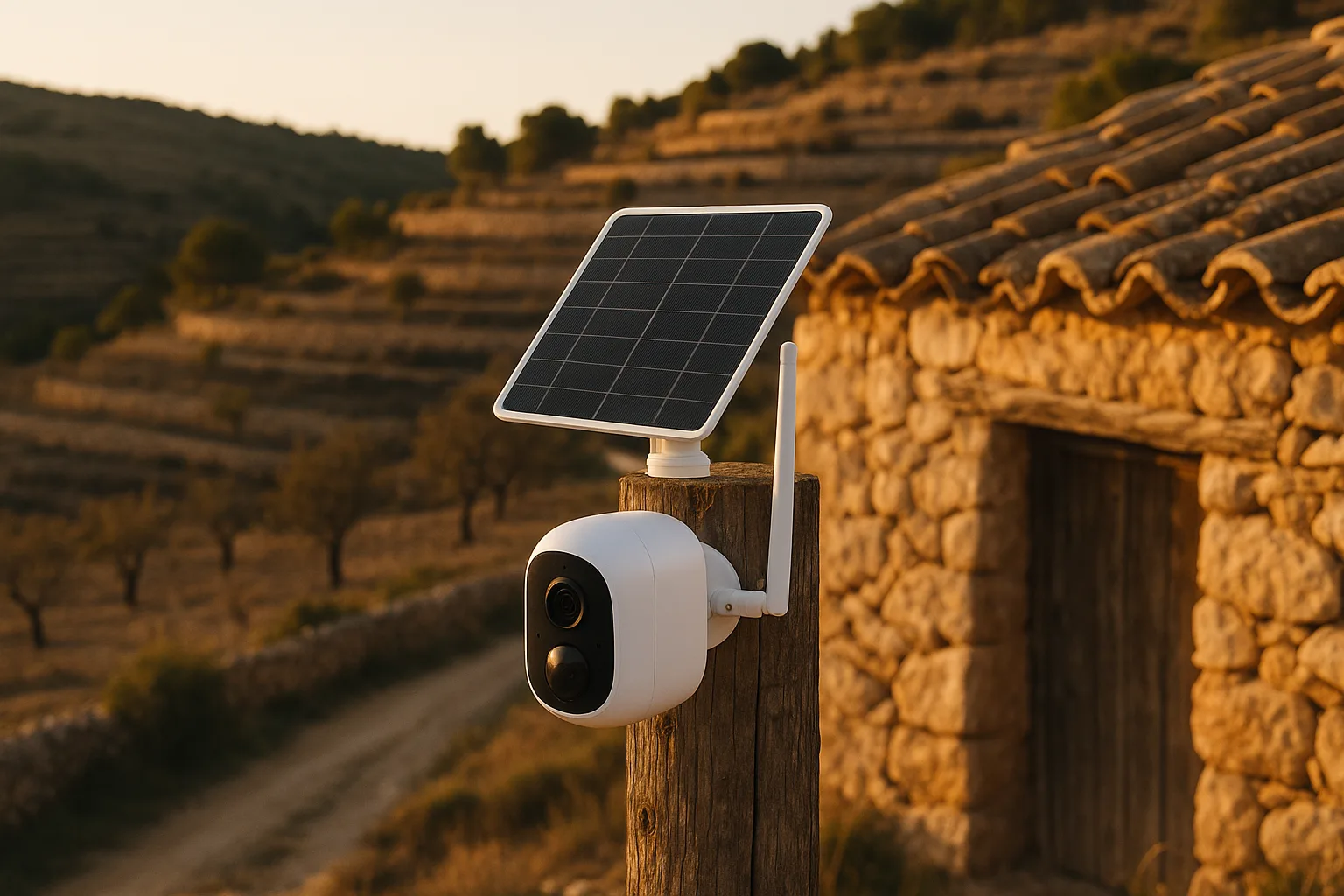 Cámara 4G solar en el poste de una caseta de campo, con el panel orientado al sur y los bancales al fondo