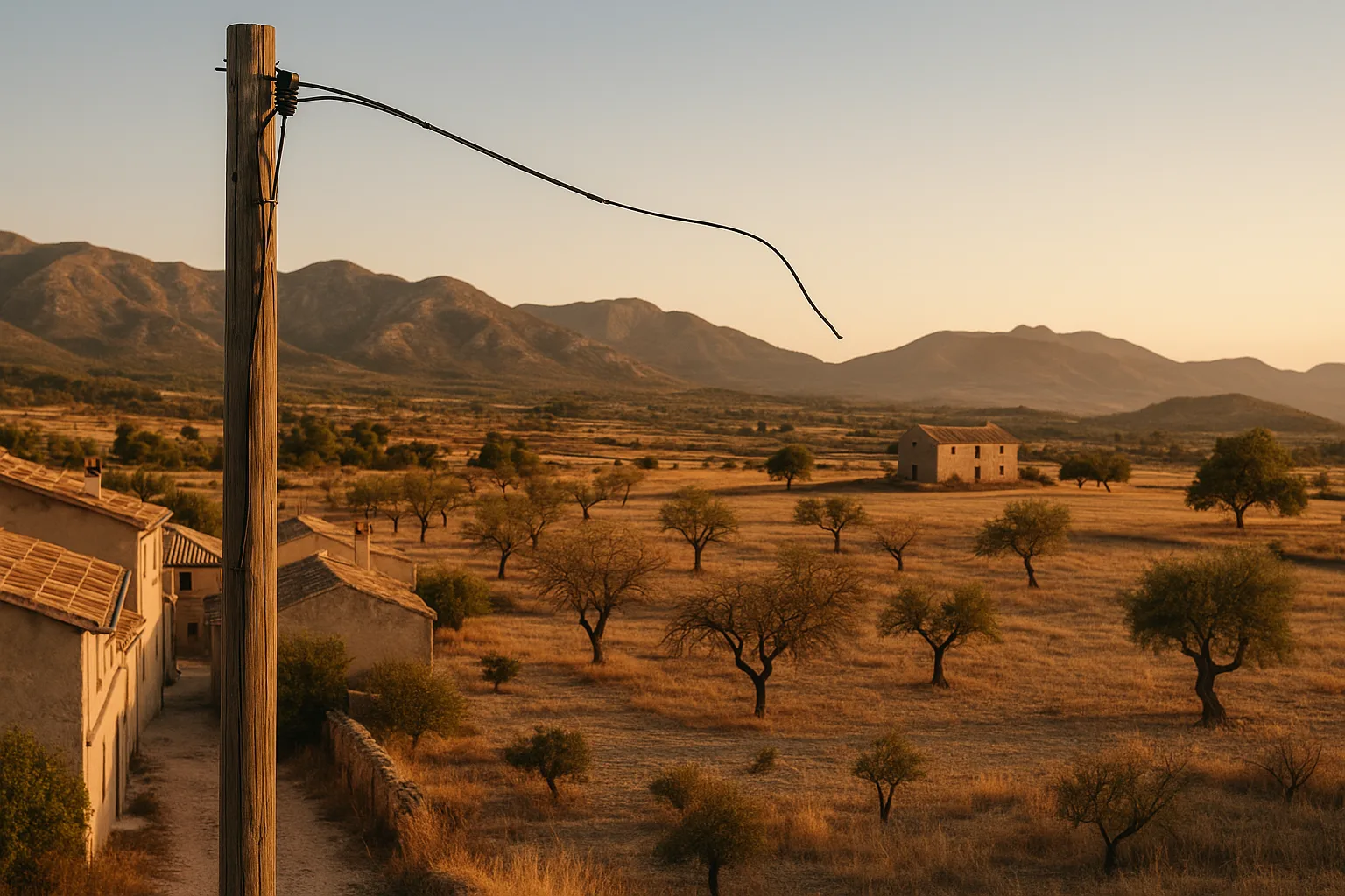 Poste de telefonía con el cable de fibra terminando en mitad del campo, con una casa de campo a lo lejos todavía sin conexión y sierras del interior de Alicante al fondo