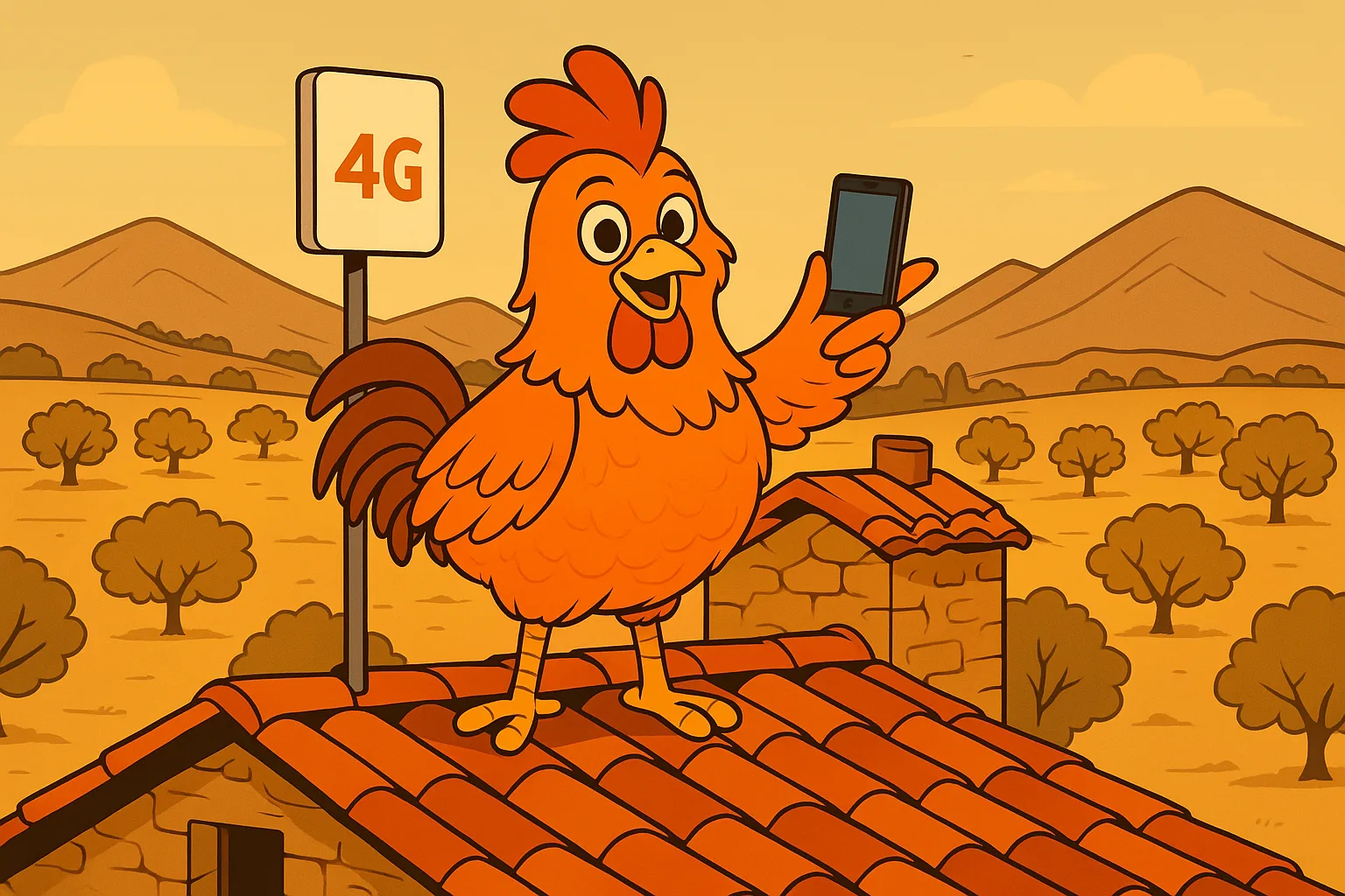 El gallo de Red Huevo en el tejado de una casa de campo, junto a una antena 4G exterior instalada en un mástil, comprobando la velocidad en el móvil