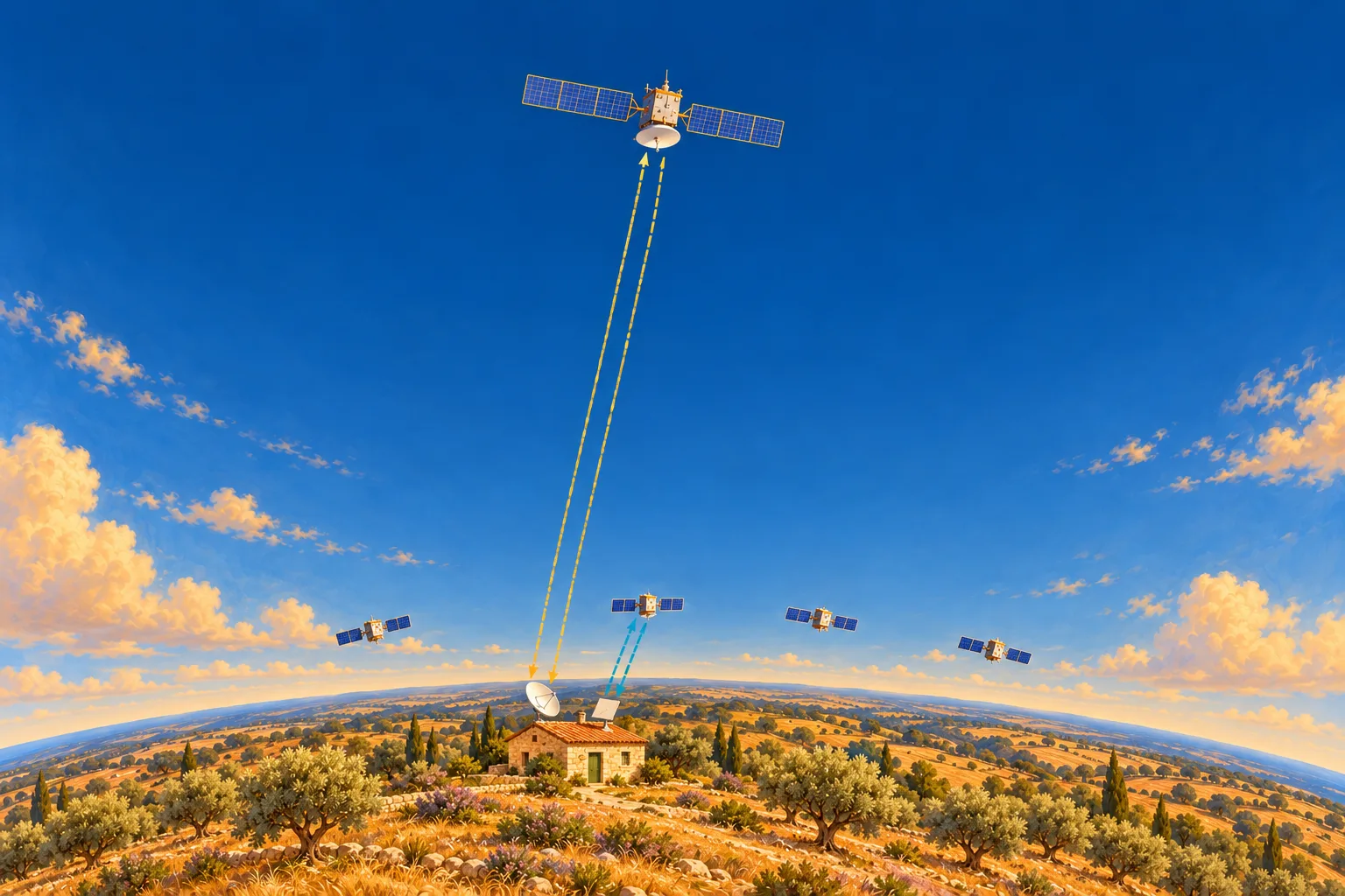 Esquema ilustrado con un arco de la Tierra, un satélite muy alejado y varios satélites próximos al horizonte; las líneas desde una casa comparan recorridos largos y cortos