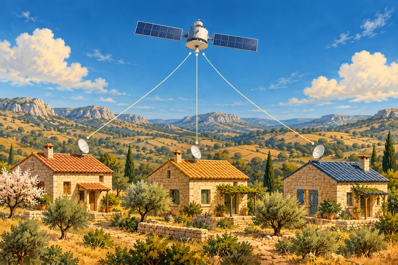 Ilustración conceptual de un satélite conectado mediante tres líneas a tres casas rurales con parabólicas y tejados de distinto color