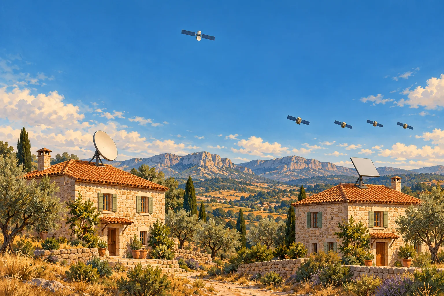 Ilustración de dos casas rurales: una con parabólica bajo un satélite lejano y otra con antena plana rectangular bajo una fila de satélites más cercanos