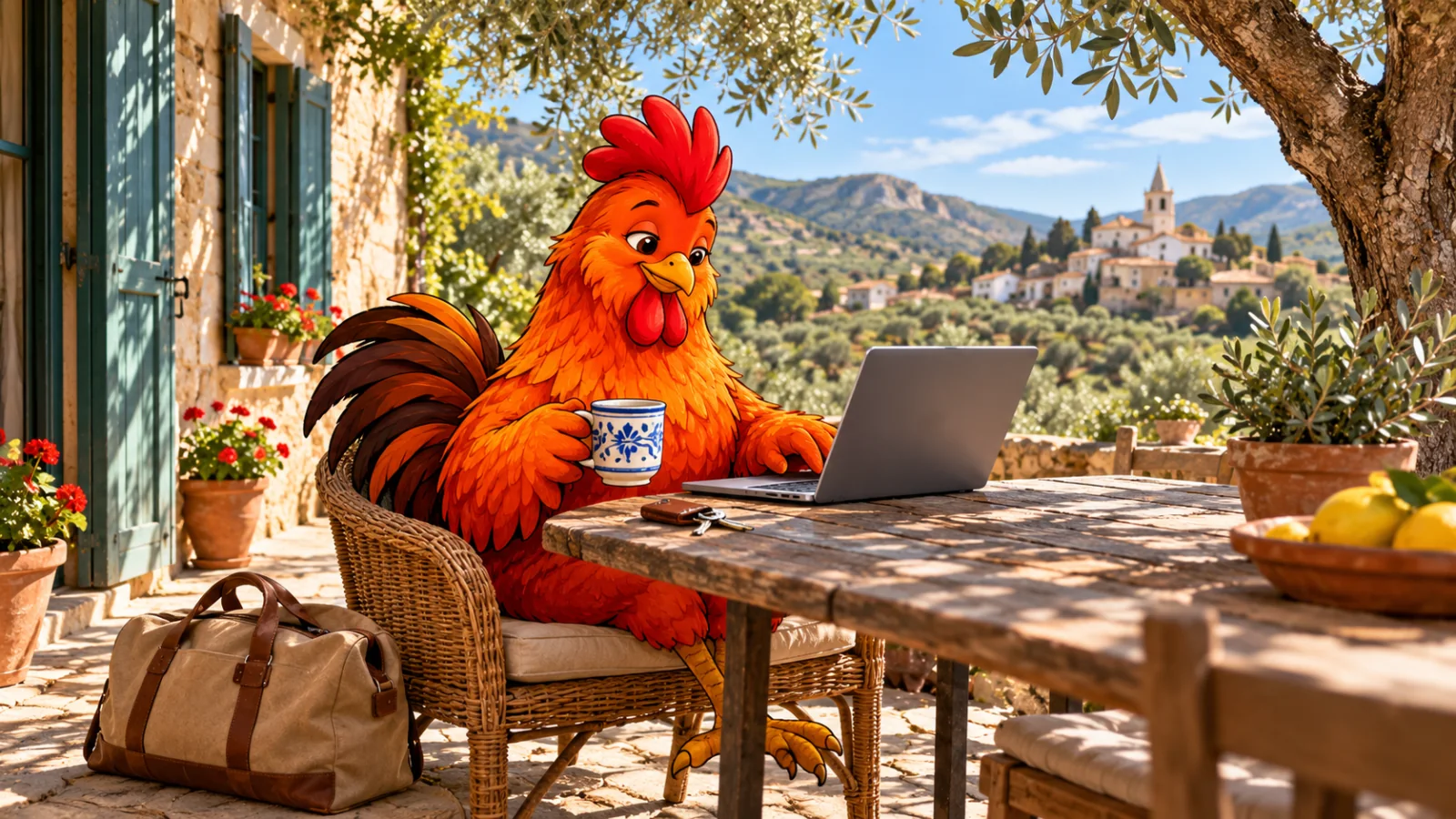 El gallo disfruta del portátil y un café en el porche de una casa de campo, junto a su bolsa de fin de semana.