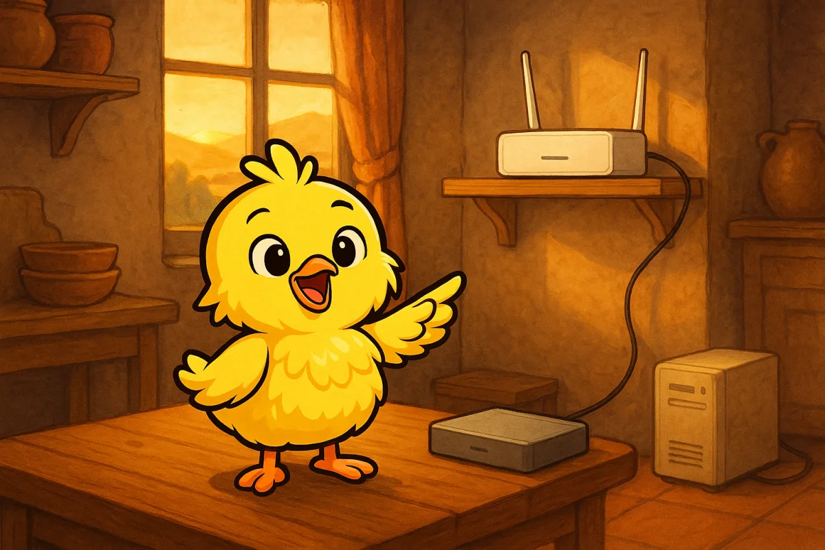 El pollito de Red Huevo señalando una batería pequeña conectada al router, con un SAI de oficina grande apartado en el suelo