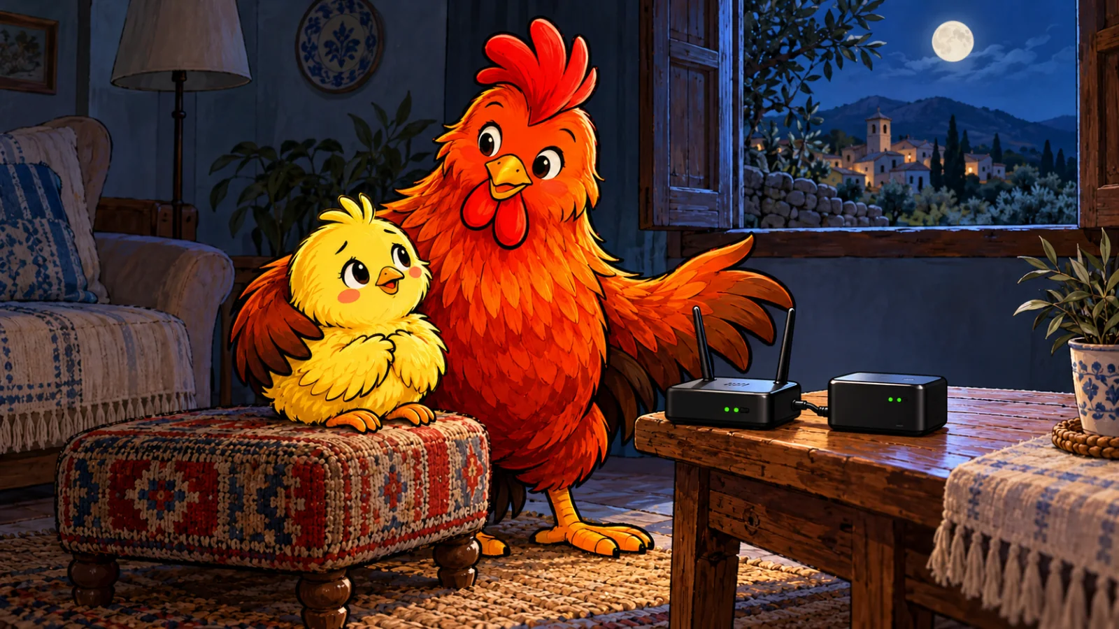 Durante un apagón, el gallo tranquiliza al pollito junto a un router alimentado por una pequeña batería.
