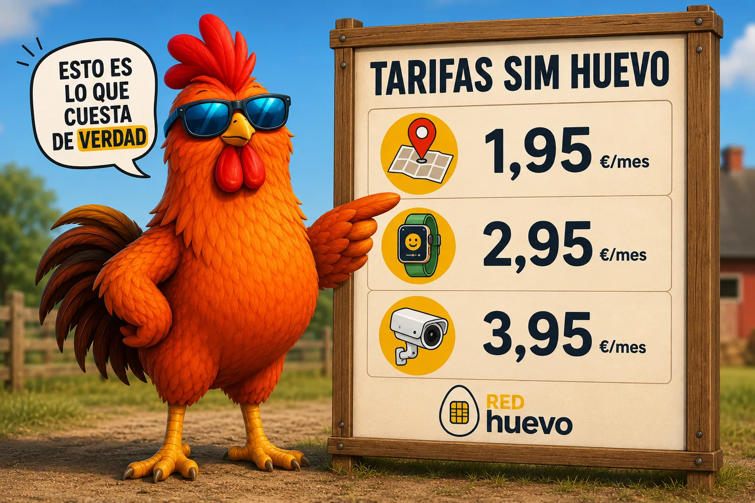 Comparativa visual: SIM de operador grande con cifra "8 €/mes" tachada y SIM de Red Huevo con cifra "1,95 €/mes" destacada; al fondo, una cámara IP de seguridad