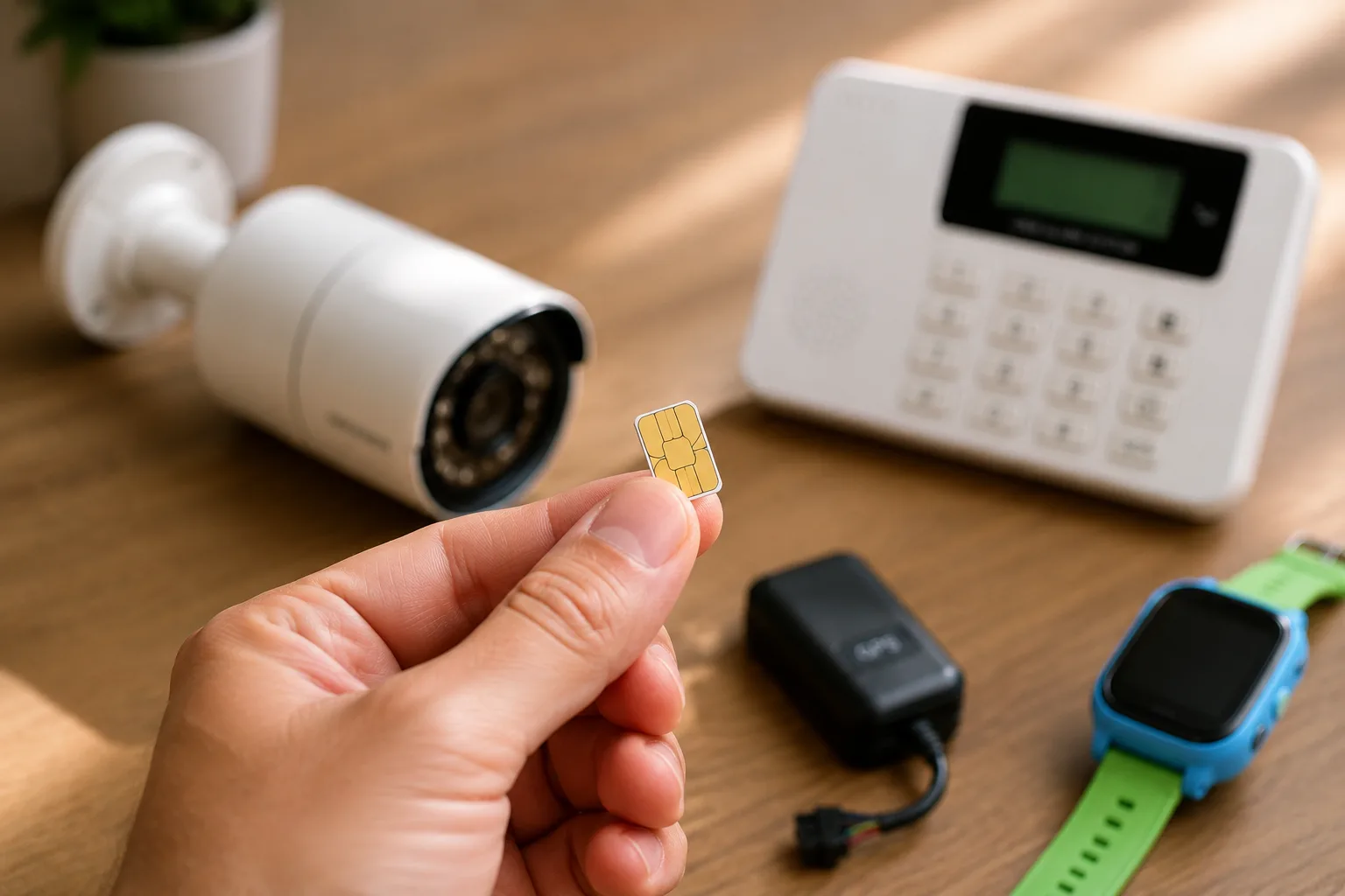 Cámara de seguridad exterior, alarma GSM, tracker GPS y reloj infantil junto a una tarjeta SIM diminuta sobre una mesa de madera