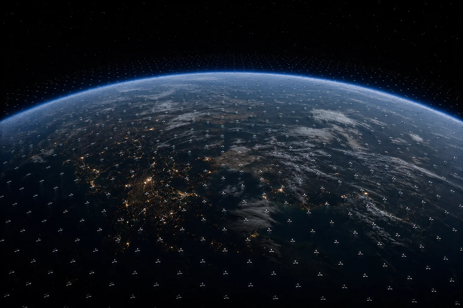 Vista de la Tierra desde el espacio durante la noche, con un patrón regular de pequeñas siluetas triangulares representando la constelación de satélites Starlink cubriendo el globo