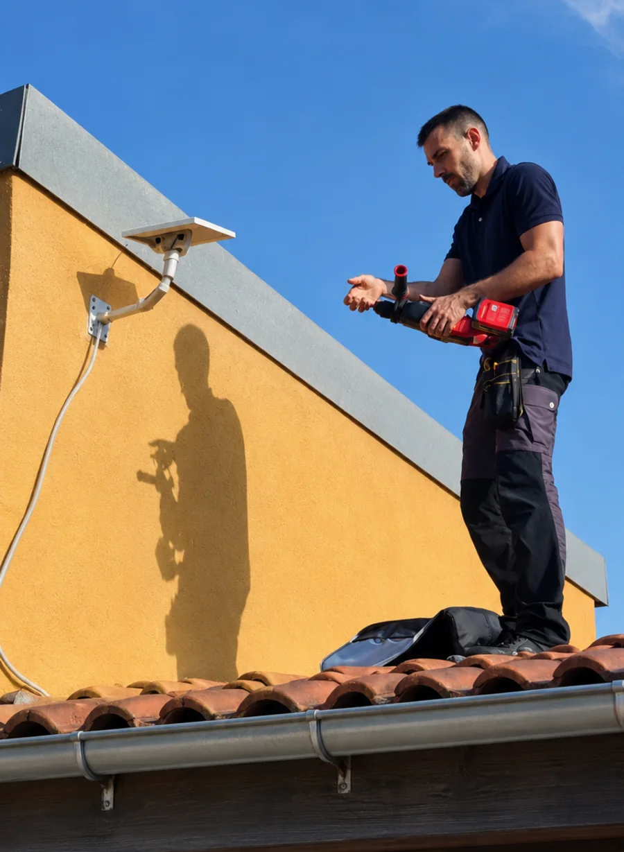 Instalador de Red Huevo montando una antena de Starlink sobre soporte de pared en el tejado de una casa de Cocentaina