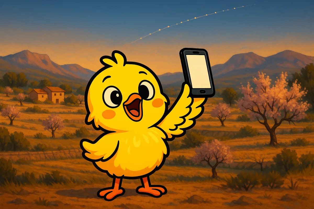 El pollito de Red Huevo sostiene un móvil hacia el cielo, donde pasa un rastro de satélites sobre un paisaje de interior de Alicante