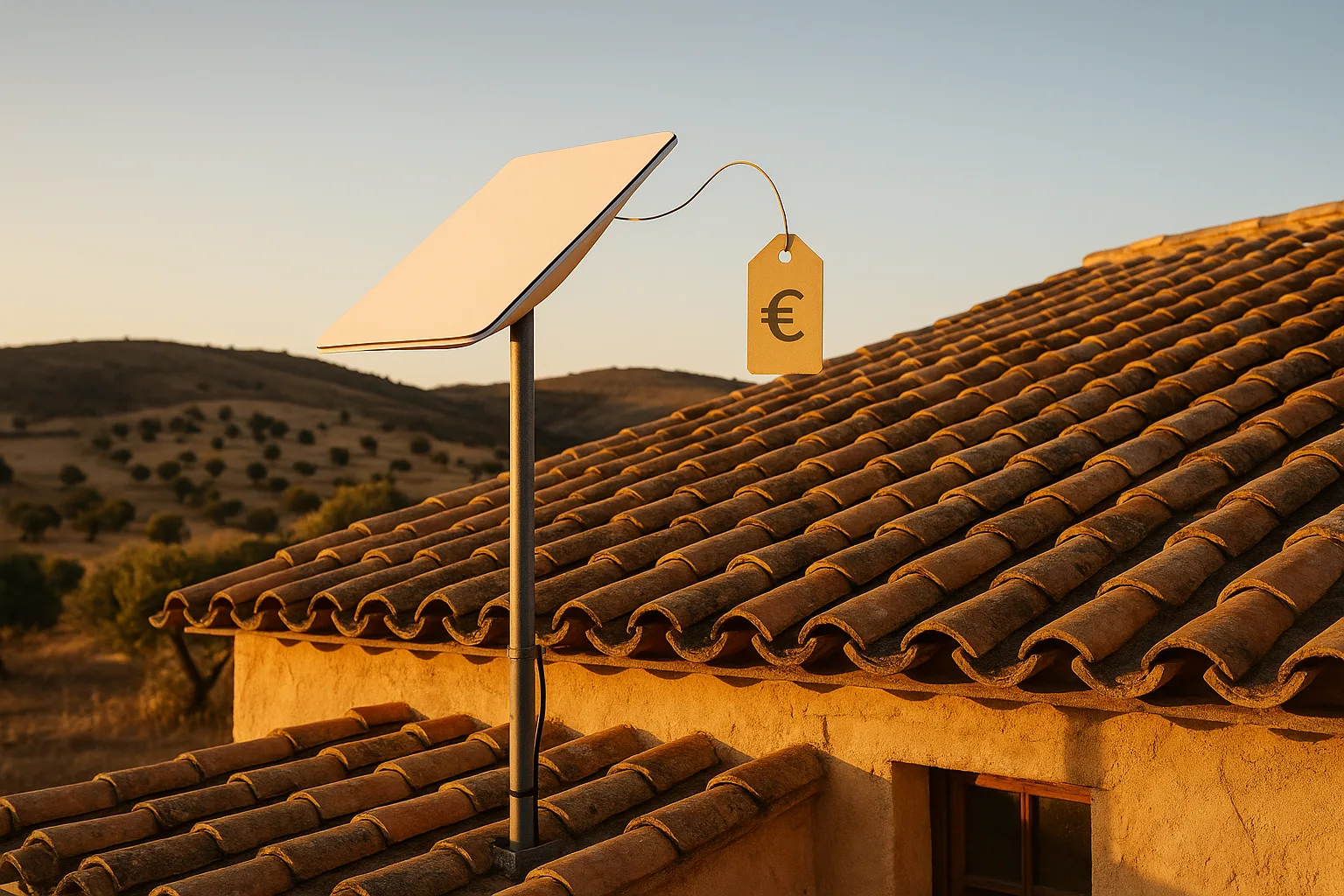 Antena Starlink sobre un poste en el tejado de una casa de campo del interior, con una etiqueta de precio flotando junto a ella y cielo despejado al fondo