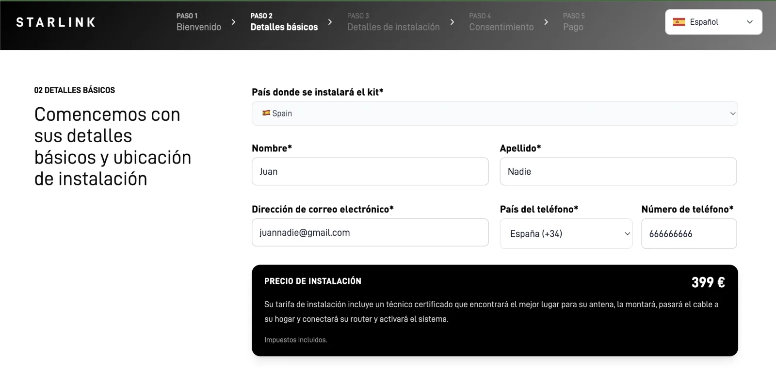 Portal de reservas de la instalación oficial de Starlink en España mostrando un precio de instalación de 399 euros, agosto de 2026
