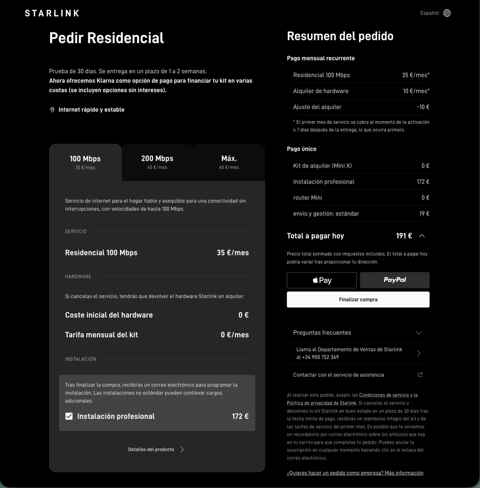Resumen de pedido real de Starlink España a 1 de agosto de 2026: plan Residencial 100 Mbps a 35 euros al mes, alquiler de hardware de 10 euros con ajuste de -10 euros, kit de alquiler Mini X a 0 euros, instalación profesional 172 euros y envío 19 euros