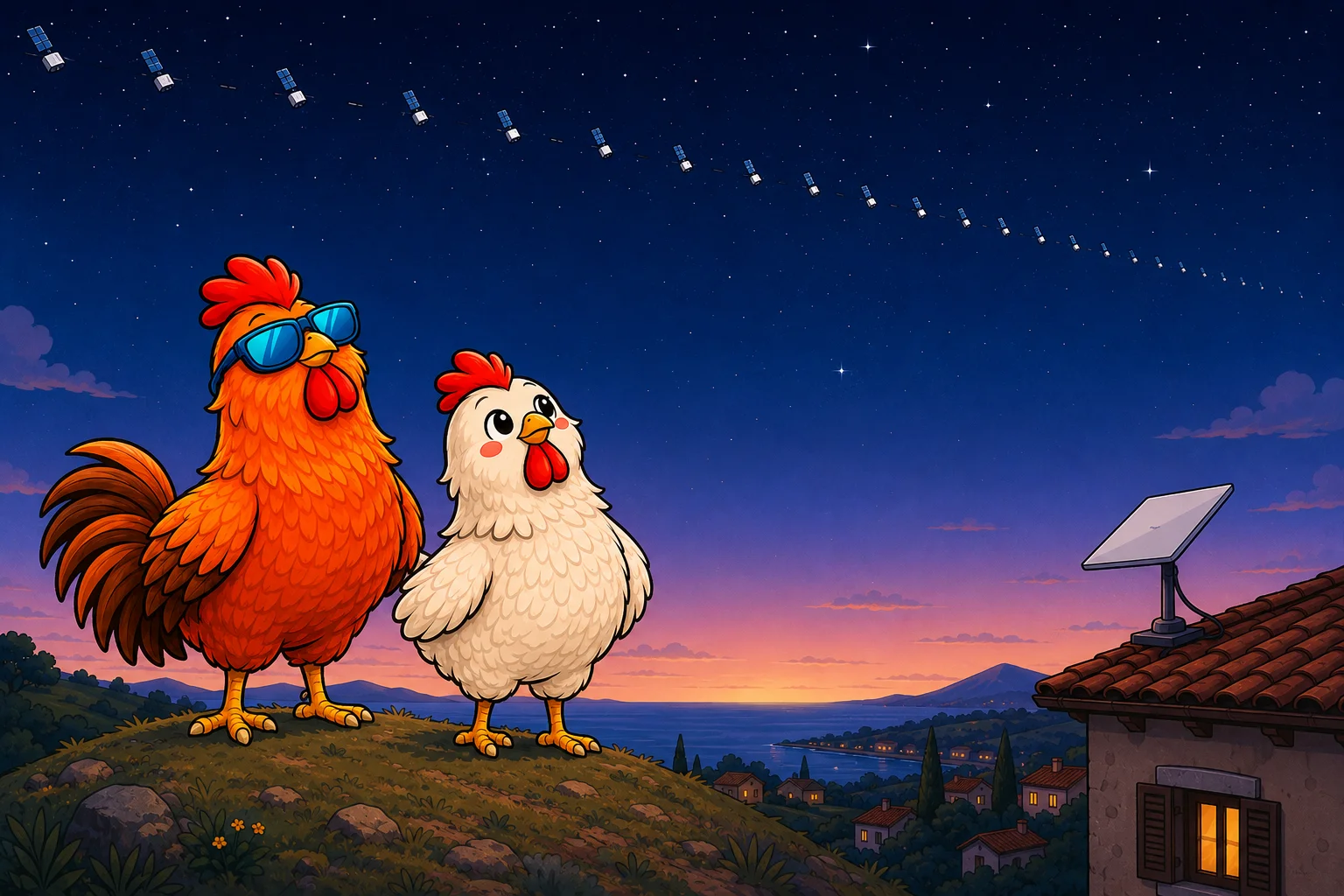 Salva Gallo y Ana Gallina sobre una colina del interior mediterráneo al atardecer, mirando un cielo nocturno cruzado por una fila visible de satélites Starlink, con una antena Starlink en el tejado de una casa cercana