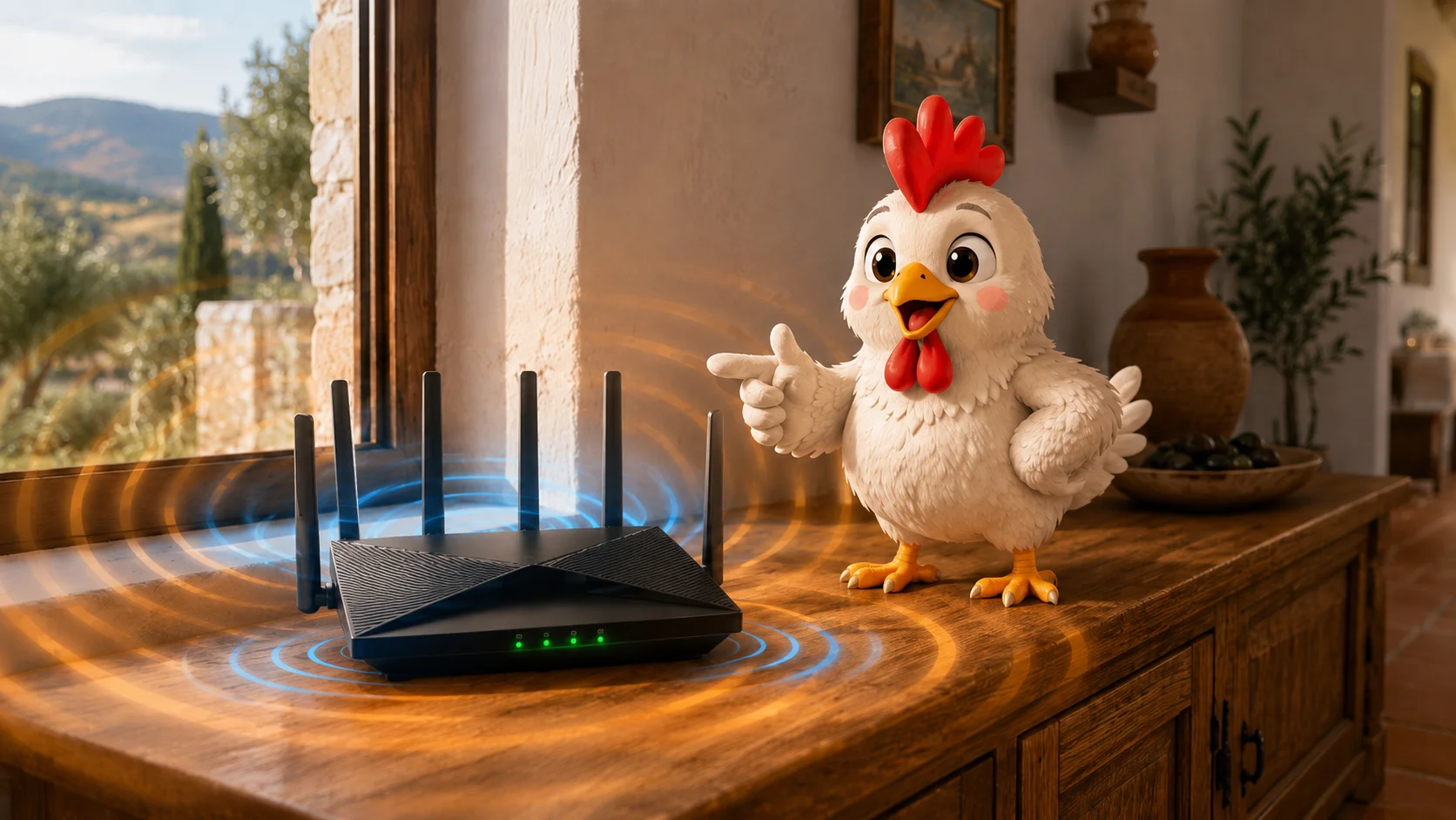 Salva Gallo explicando junto a un router dual-band que emite dos tipos de ondas distintas, una más amplia en color cálido (2,4 GHz) y otra más concentrada en color frío (5 GHz)