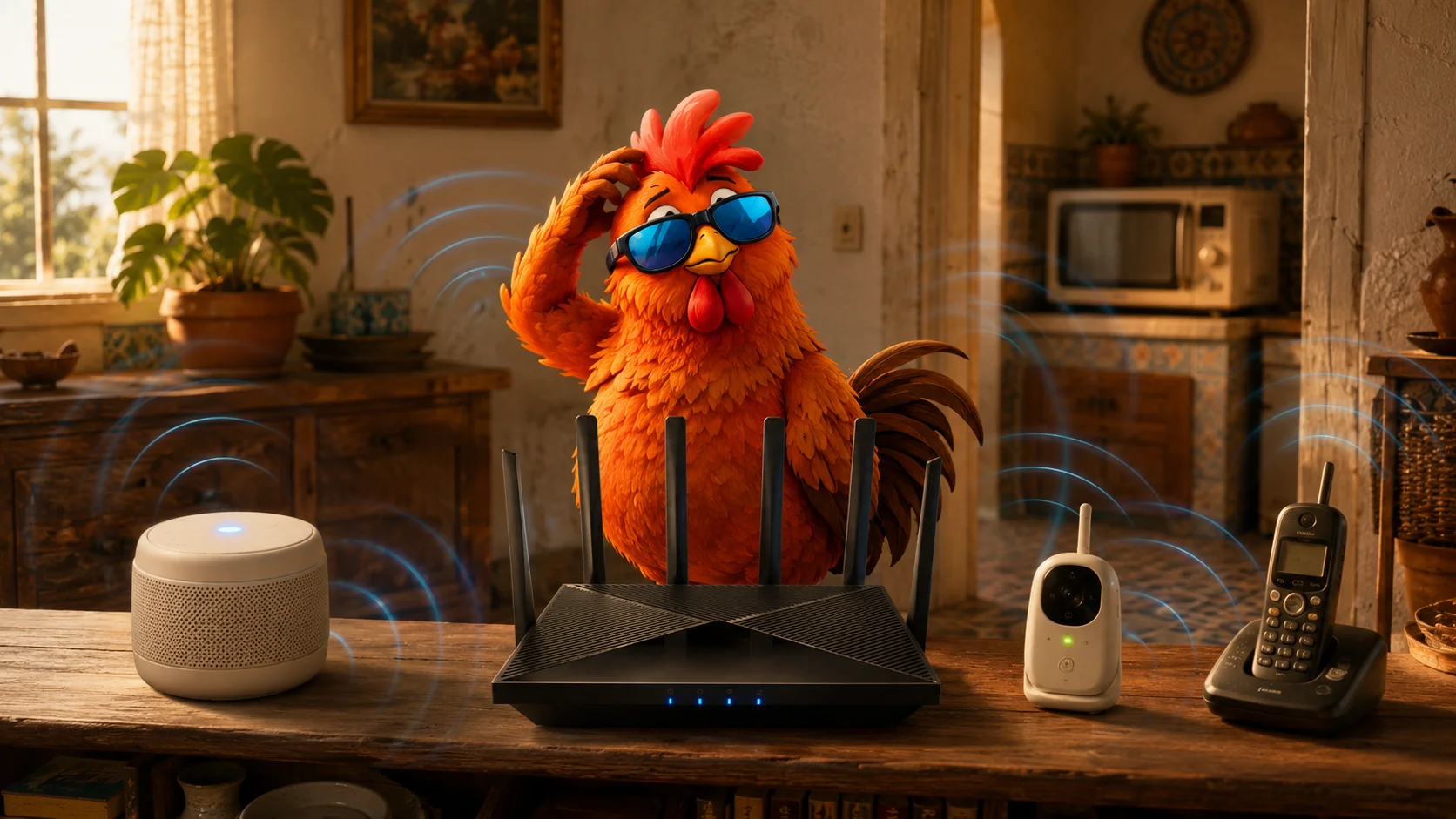 Salón de casa rural con varios dispositivos electrónicos (router WiFi, microondas, altavoz Bluetooth, monitor de bebé) compitiendo por el mismo espacio inalámbrico